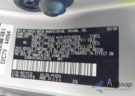 2010 Toyota Sienna Le z USA, uszkodzony, nr VIN 5TDKK4CC8AS316132